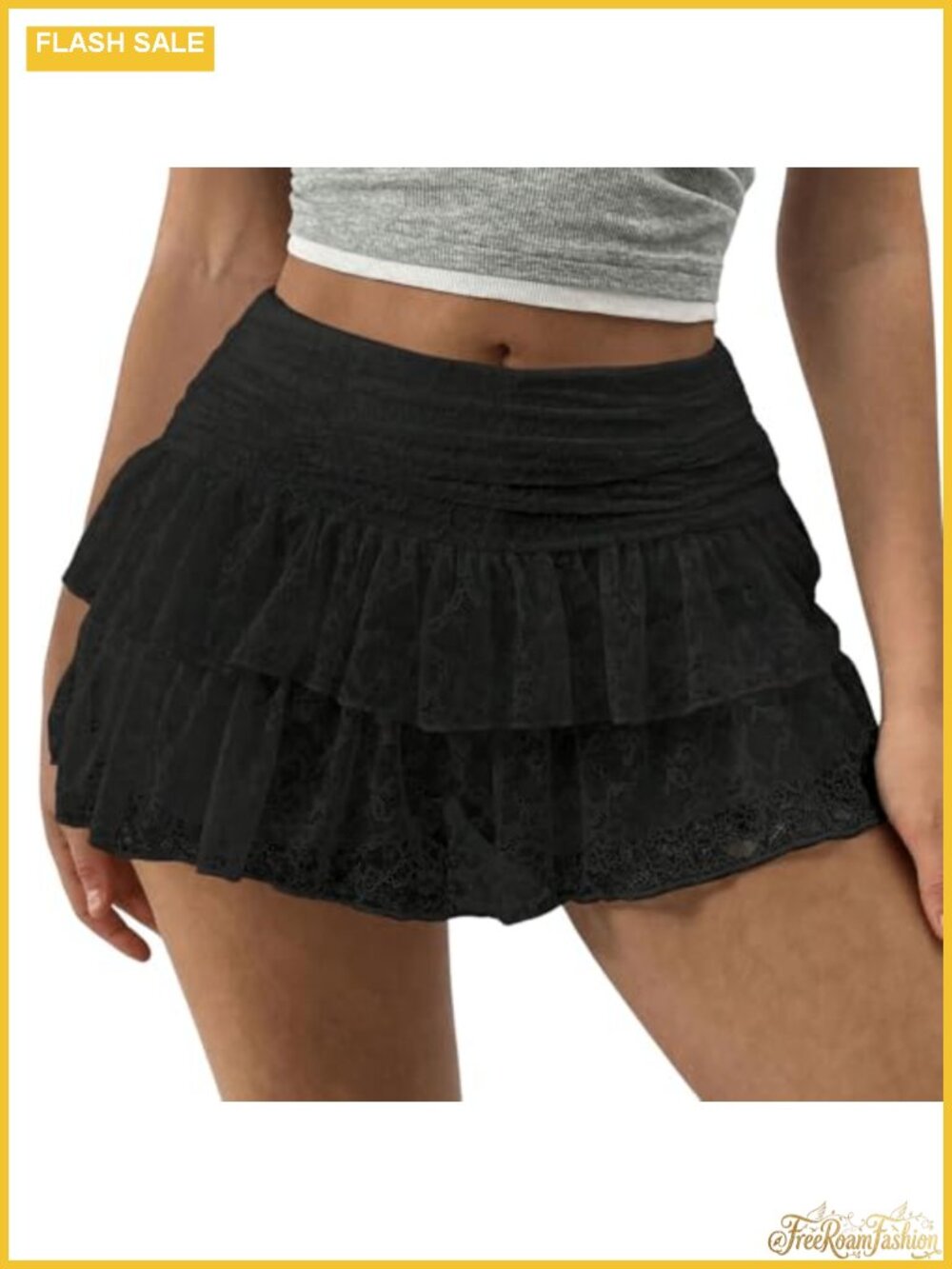 Women Lace Floral Mini Skirt Pleated Ruffle A-Line Built-in Shorts